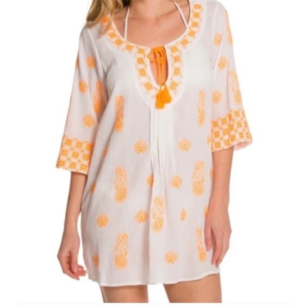 Trina Turk Playa Del Rey Tunic Cover-Up White Orange Gauze Swimwear Cotton Sz S